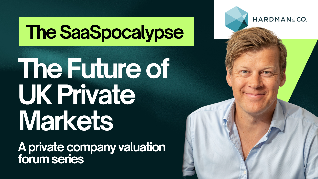 Doug Lawson presenting market data at the Hardman & Co. Private Company Valuation Forum, 2026 — a four-part series on private company valuations and the SaaSpocalypse.